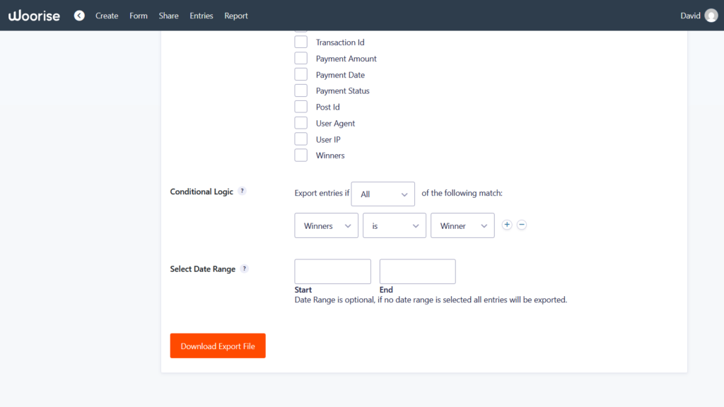 conditional logic winner entries export