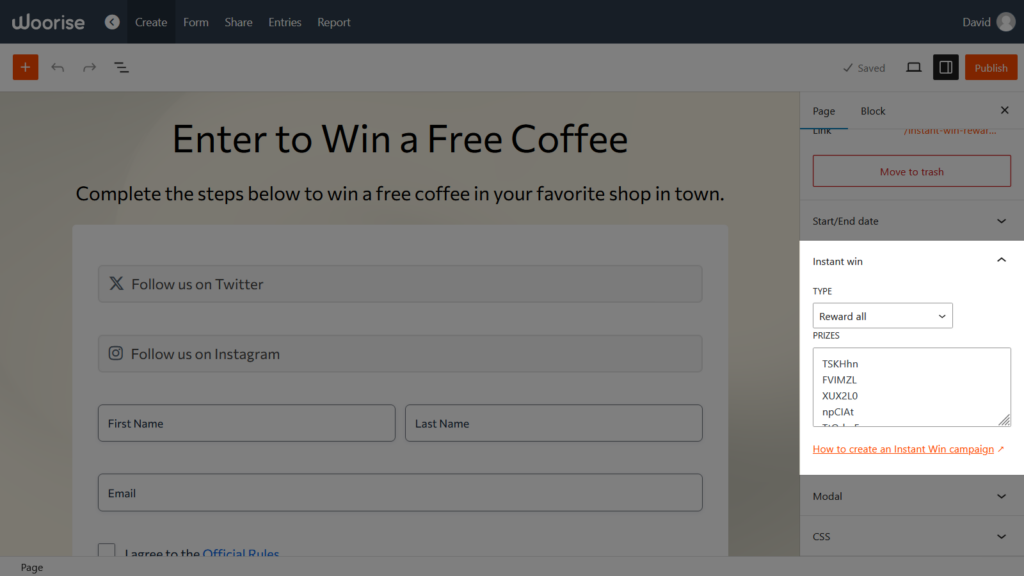 instant win reward all settings