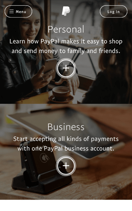 paypal landing page example mobile