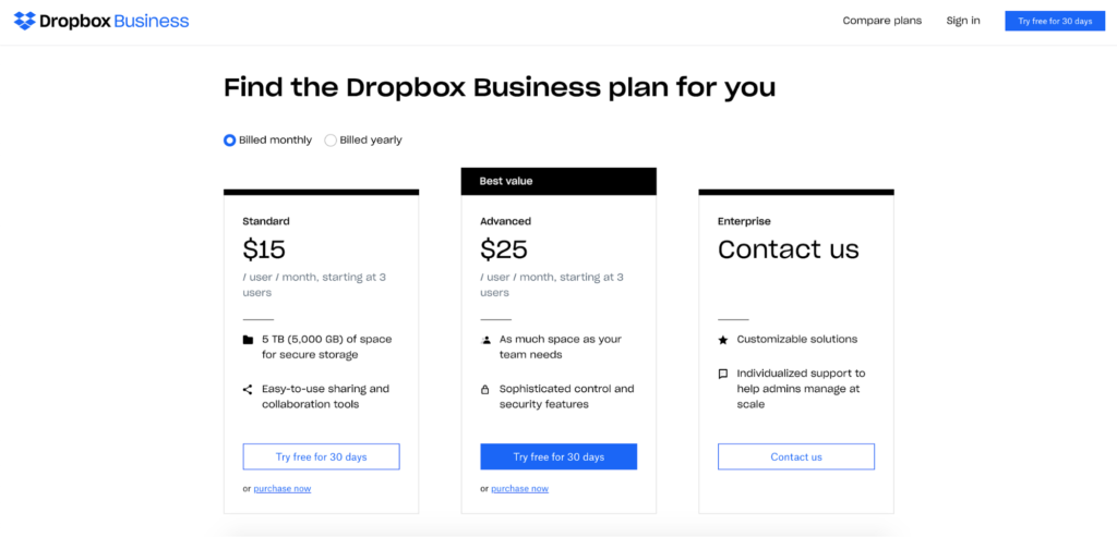 dropbox simple landing page example