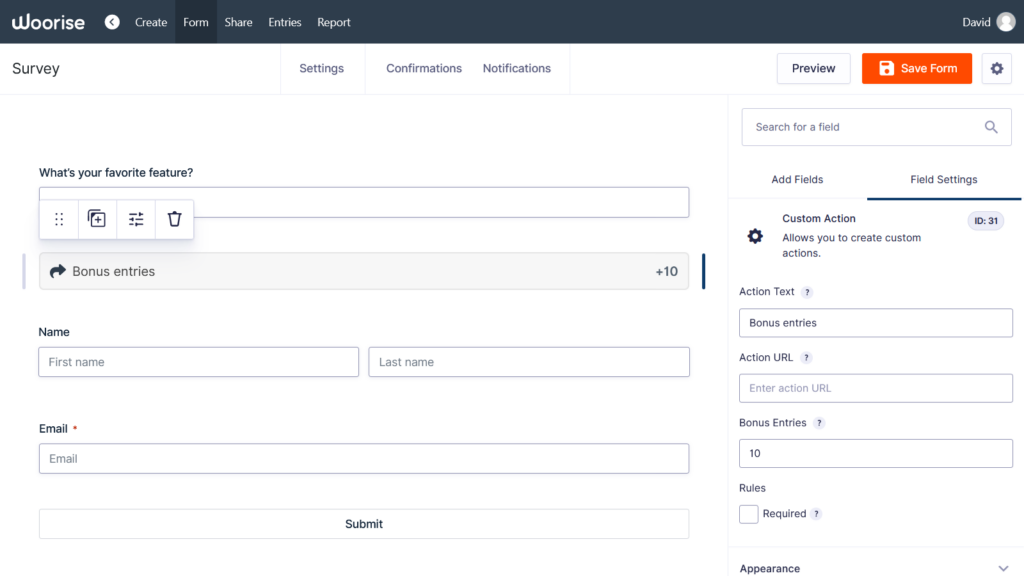 custom action bonus entries reward