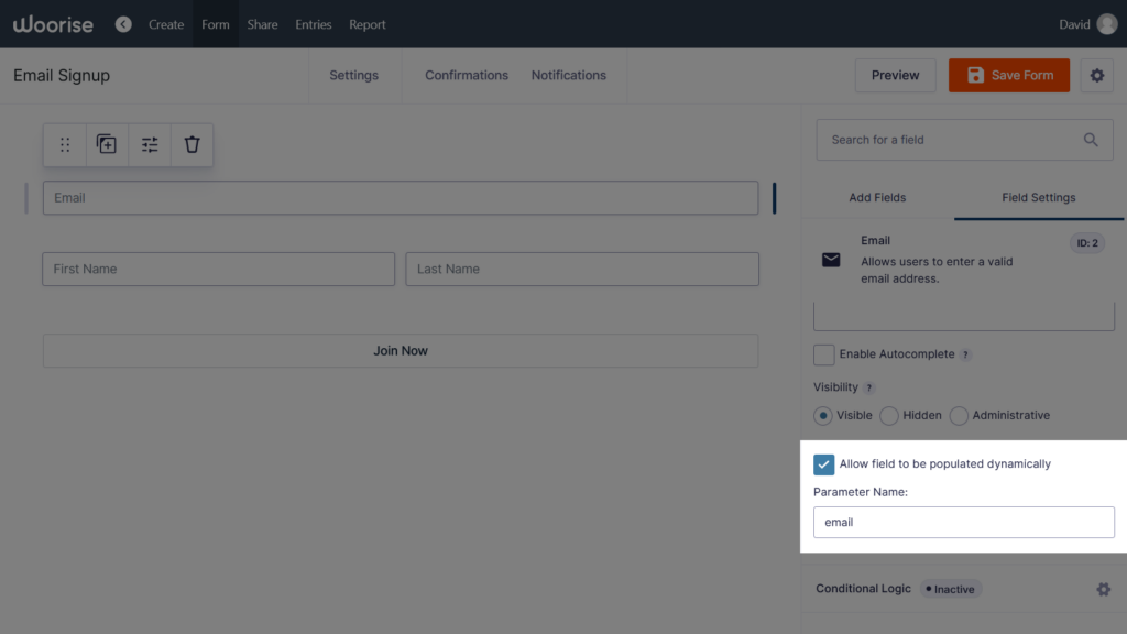 dynamically populate form field