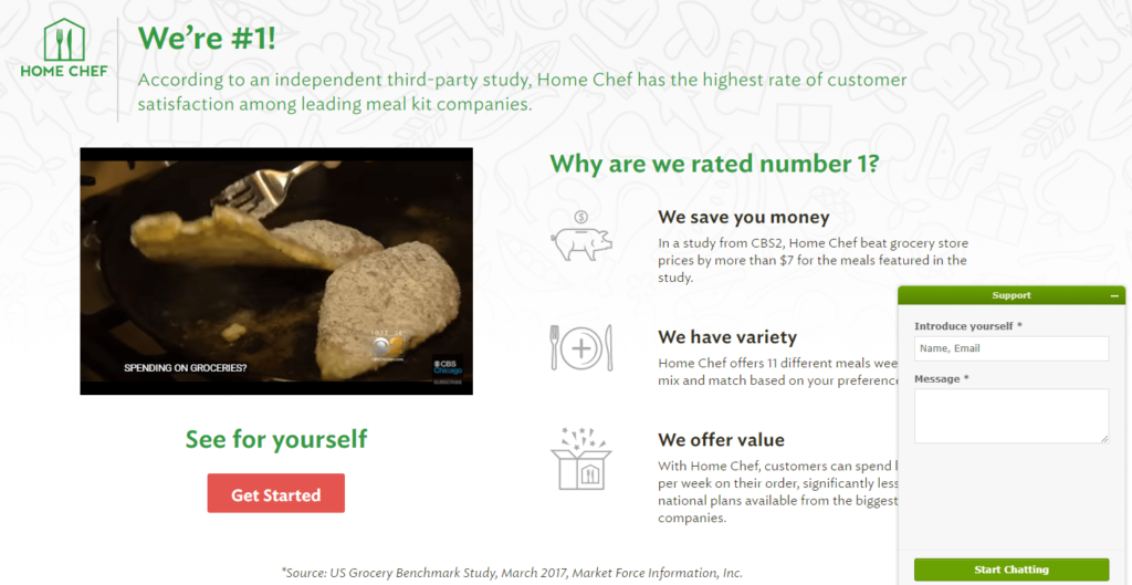 home chef landing page live chat example