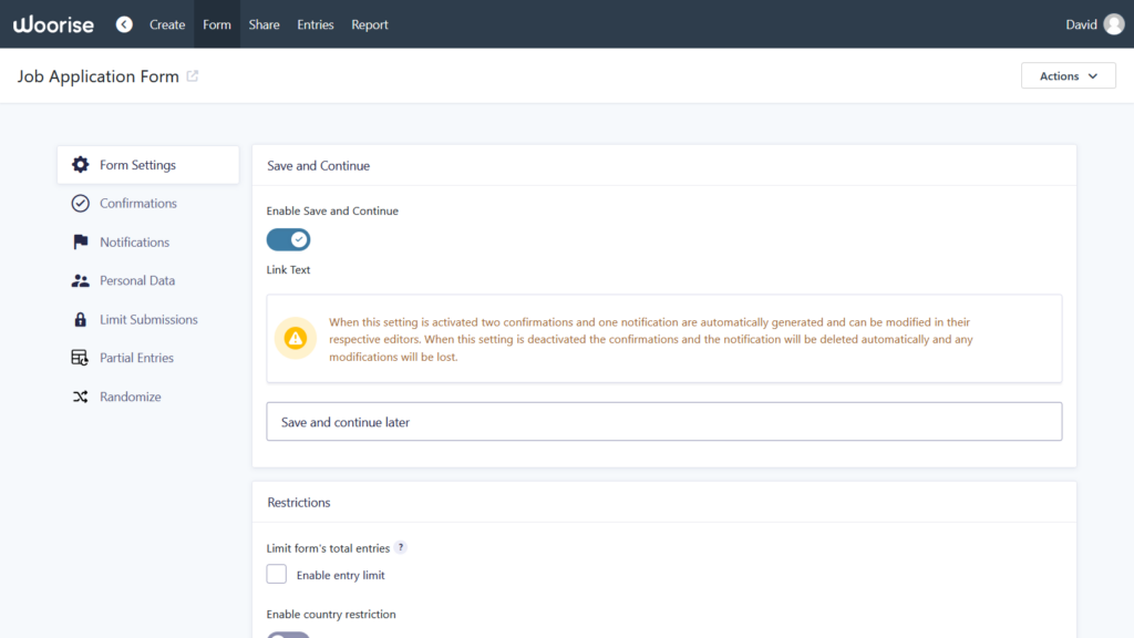 Enable Save and Continue