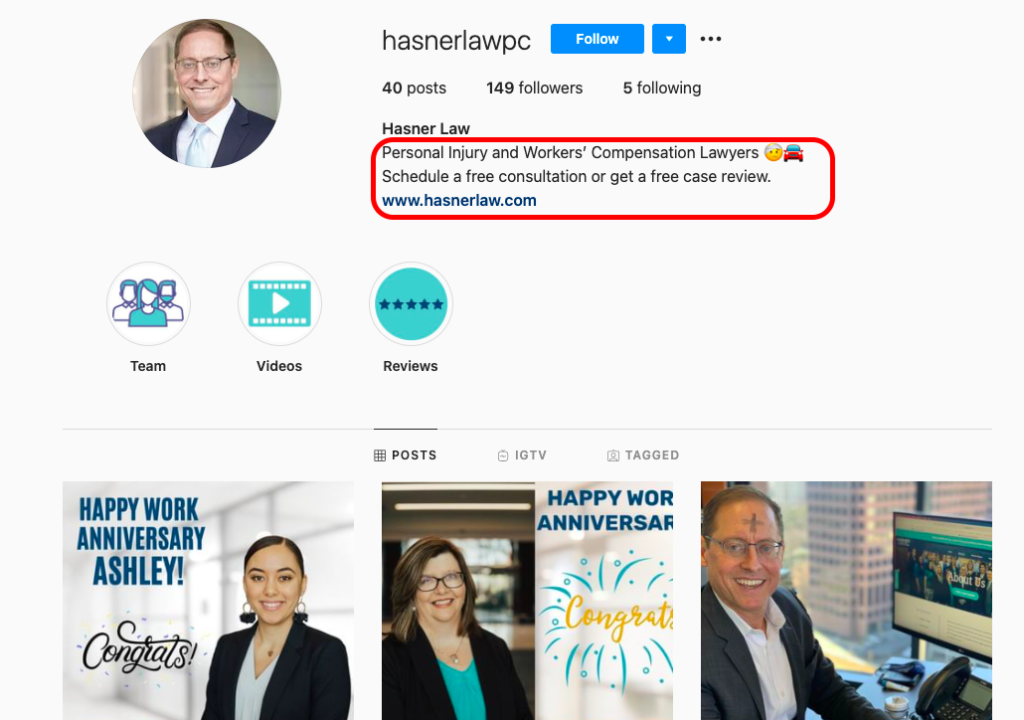 Hasner Law PC instagram bio