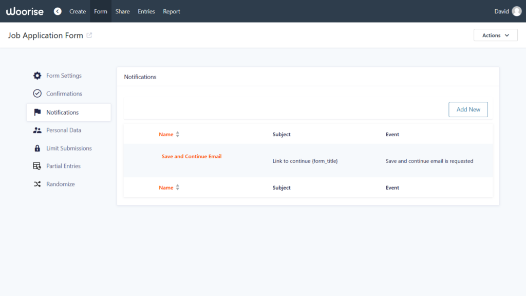 save and continue email notifications