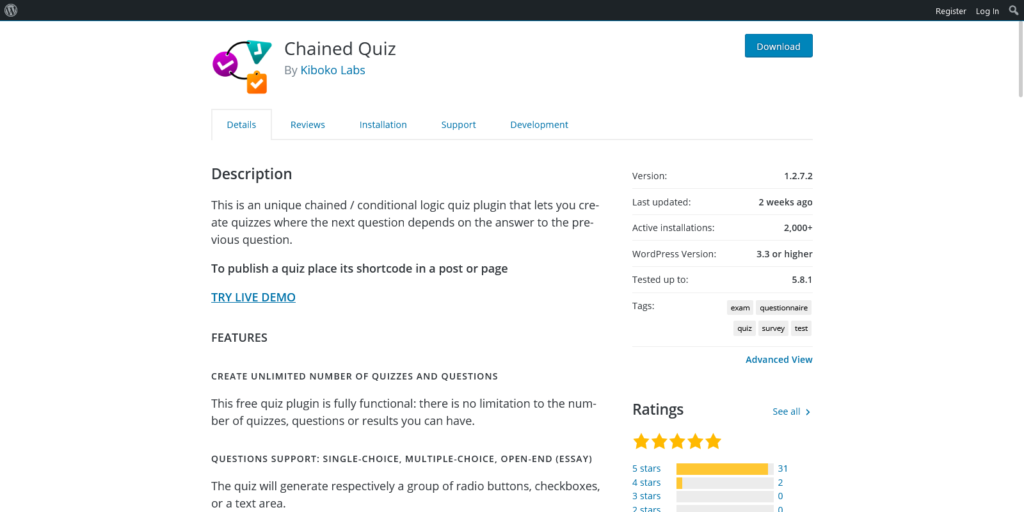 Chained Quiz WordPress plugin