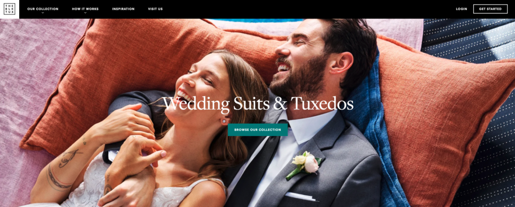 Wedding Suits Tuxedos landing page example of highly specific emotional imagery that is most likely to elicit a reaction among couples planning their wedding