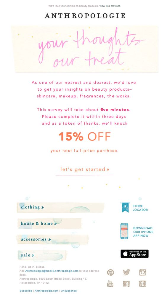 Anthropologie example of persuasive copywriting by personalizing the email and making it sound like a conversation