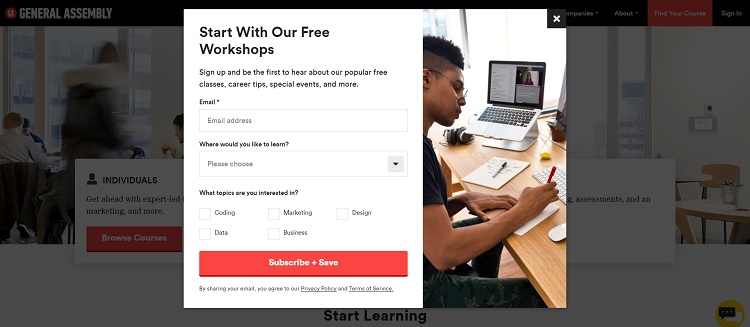 General Assembly features a popup on its landing page to encourage you to sign up for a free workshop and get discounts on future offers