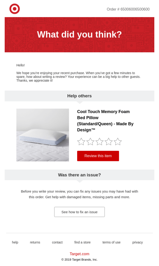 email from Target that allows the customer to review the product and fix any issues