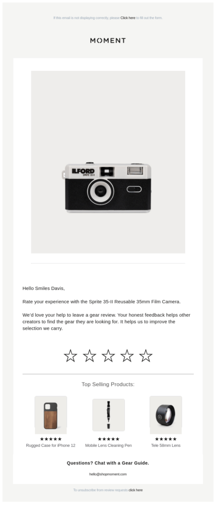 this email from Moment references the customer name and the product purchased