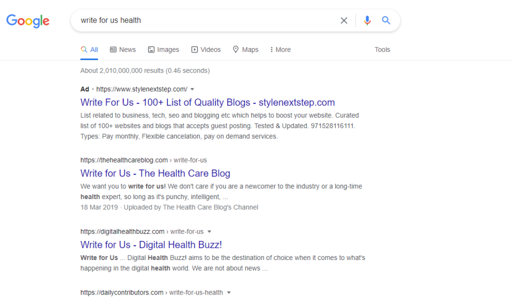 write for us health google search results