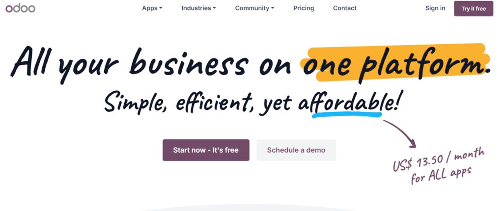 Odoo.com Start Now - It’s free CTA example