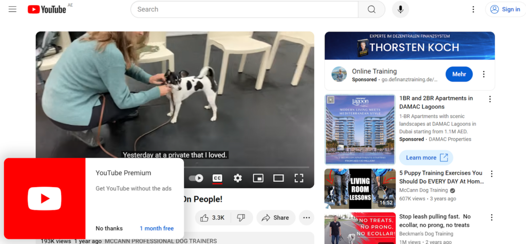 YouTube 1 month free CTA example