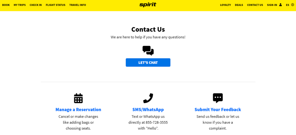 Spirit Let’s Chat CTA example