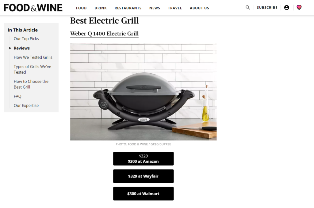 Food & Wine $300 on Amazon CTA example