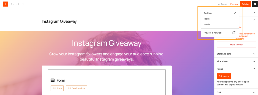 Woorise dashboard block editor Instagram giveaway