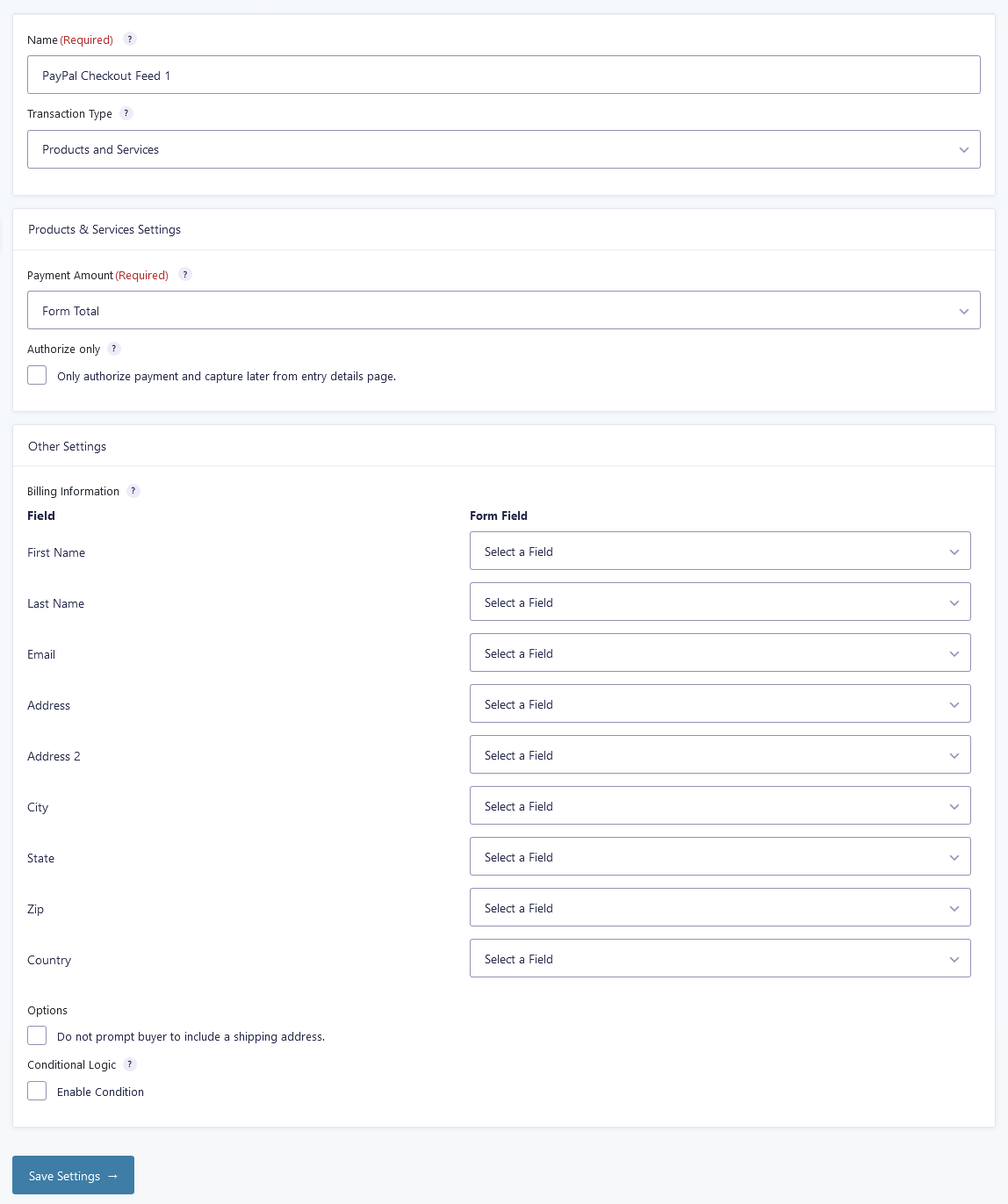 PayPal checkout feed settings