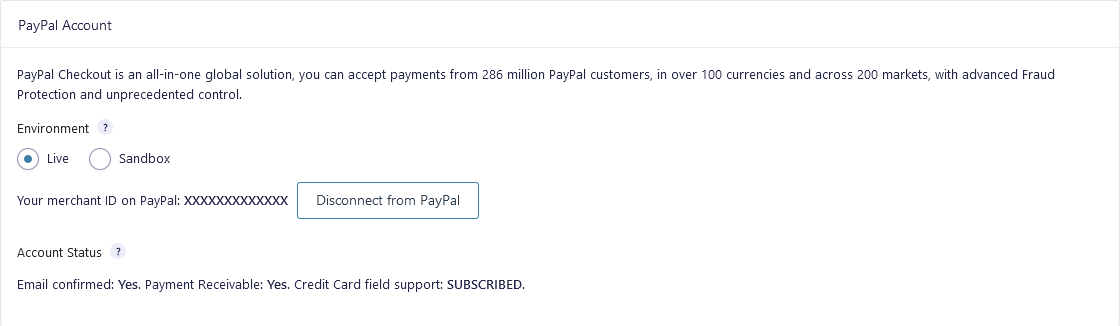 PayPal checkout settings connected status