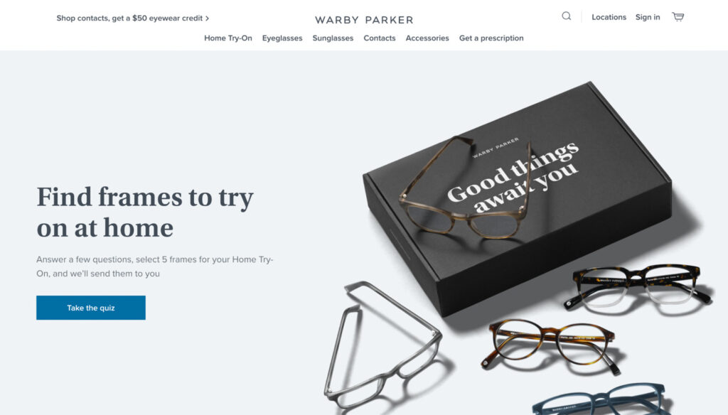 Warby Parker find frames to try on at home quiz example