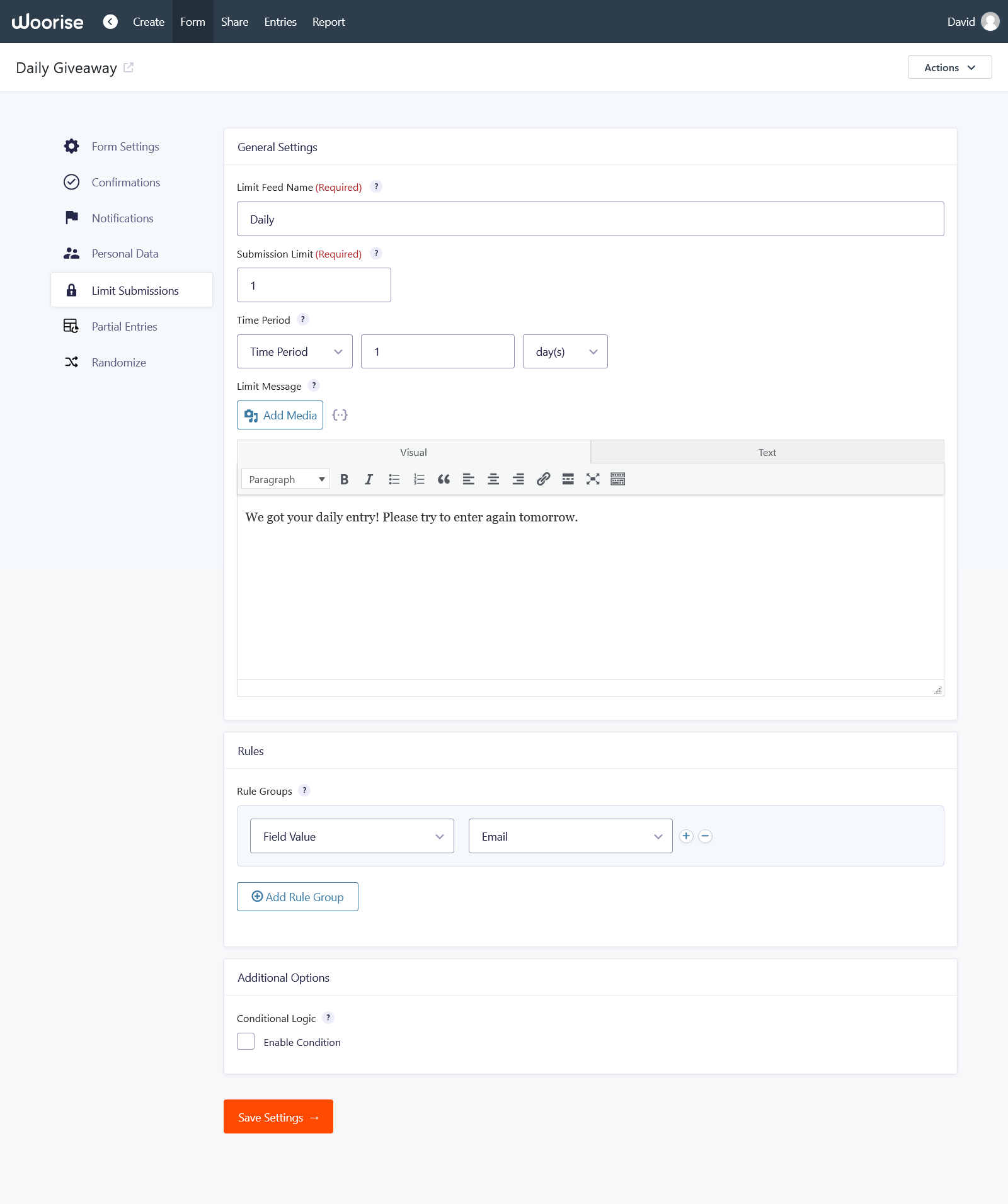 limit submissions settings