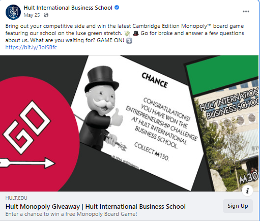 Hult International Business School uses a special edition Monopoly board game as a lead magnet