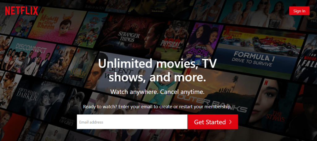 Netflix Get Started Landing Page example