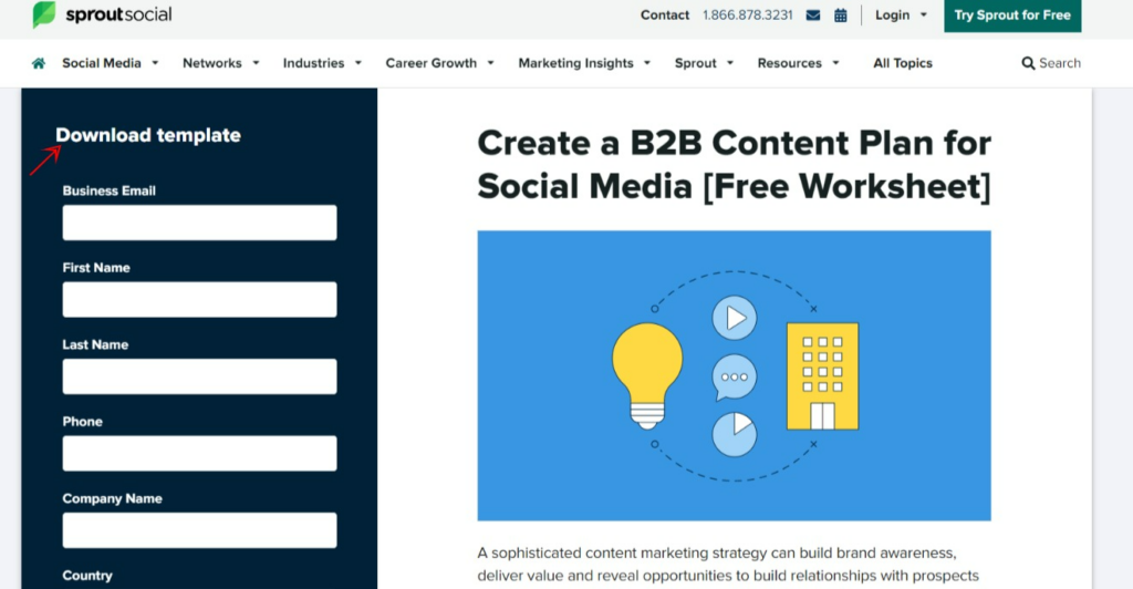 Sprout Social landing page example headline and form