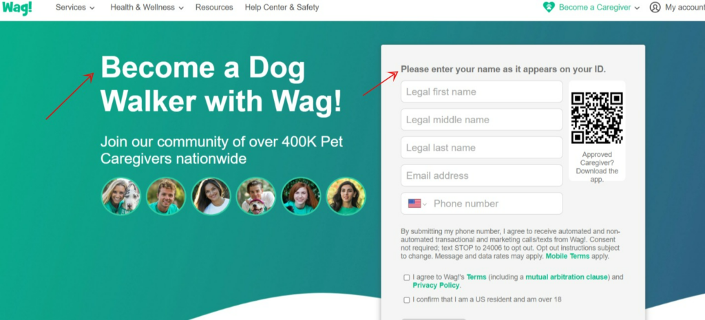 Wag landing page example qr code form