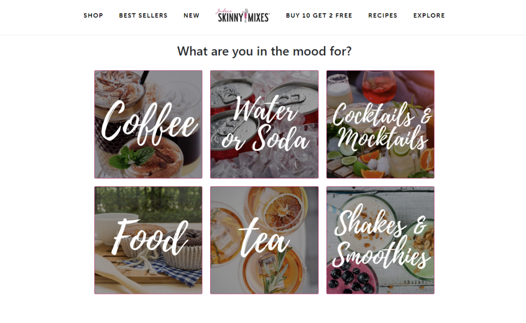 Skinny Mixes quiz that recommends products and provides customers with drink recipes and exclusive discount codes