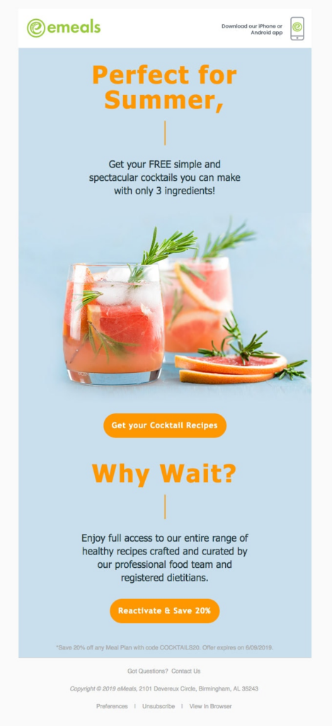 eMeals email newsletter example