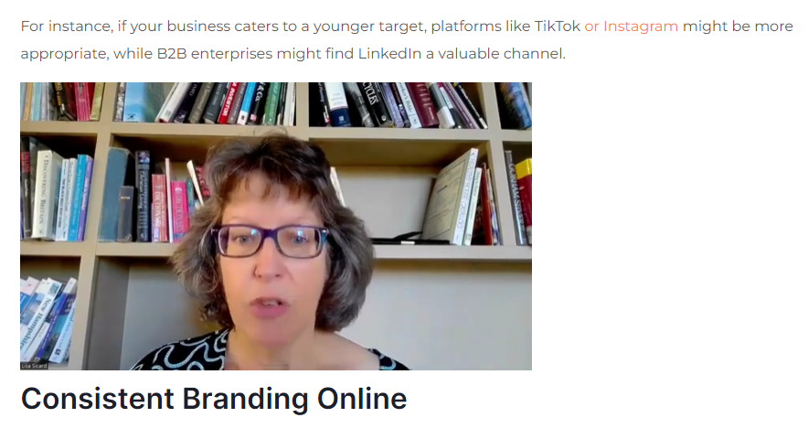 Lisa of Inspiretothrive includes a video where she explains how to build an online presence for your business through social media