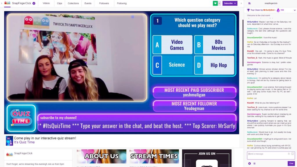 Twitch streamers or YouTube creators use live quizzes during streams to interact with their audience