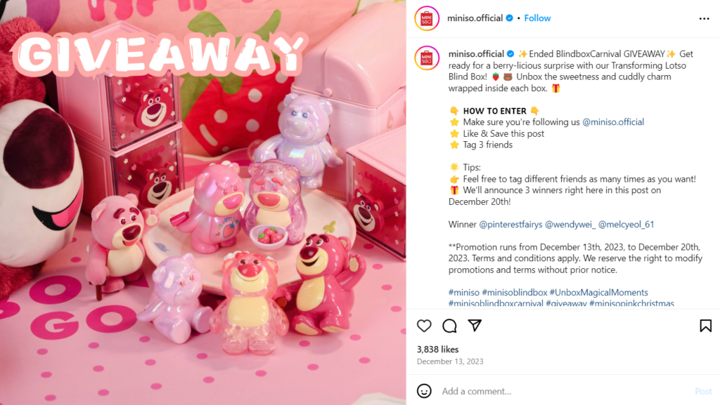 Miniso, a variety store chain, hosts a tag-a-friend contest that asks the users to tag three of their friends to win a cute Lotso blind box