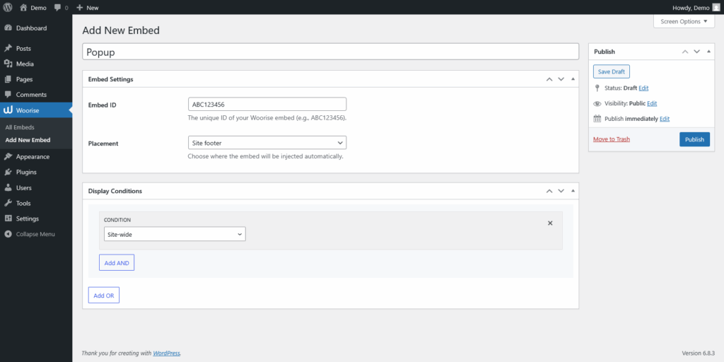 Woorise for WordPress embed settings