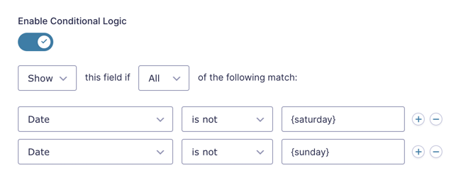 woorise forms conditional logic date weekday
