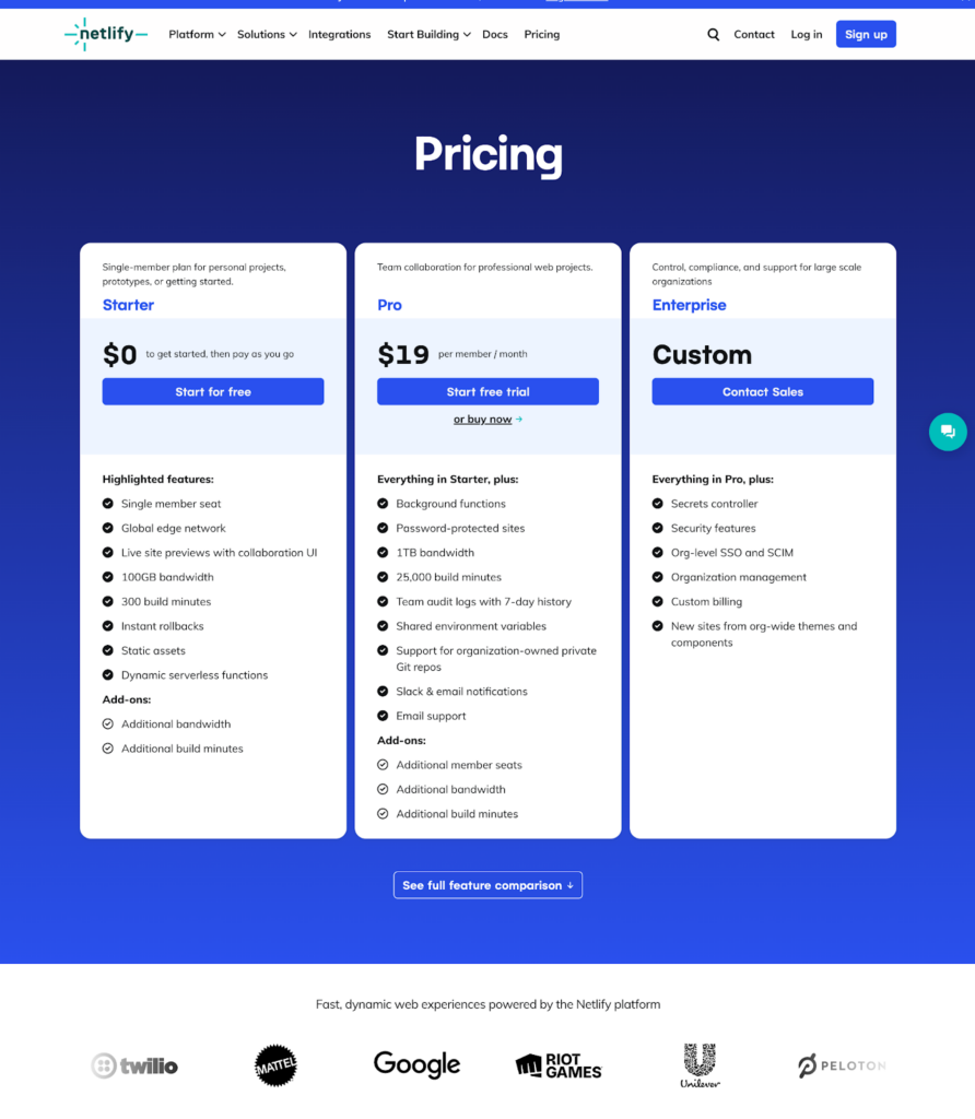 Netlify pricing page