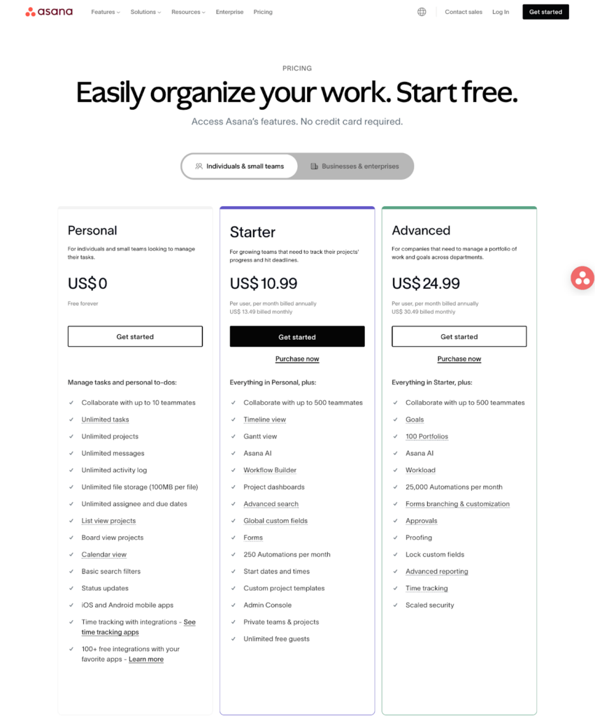 Asana pricing page