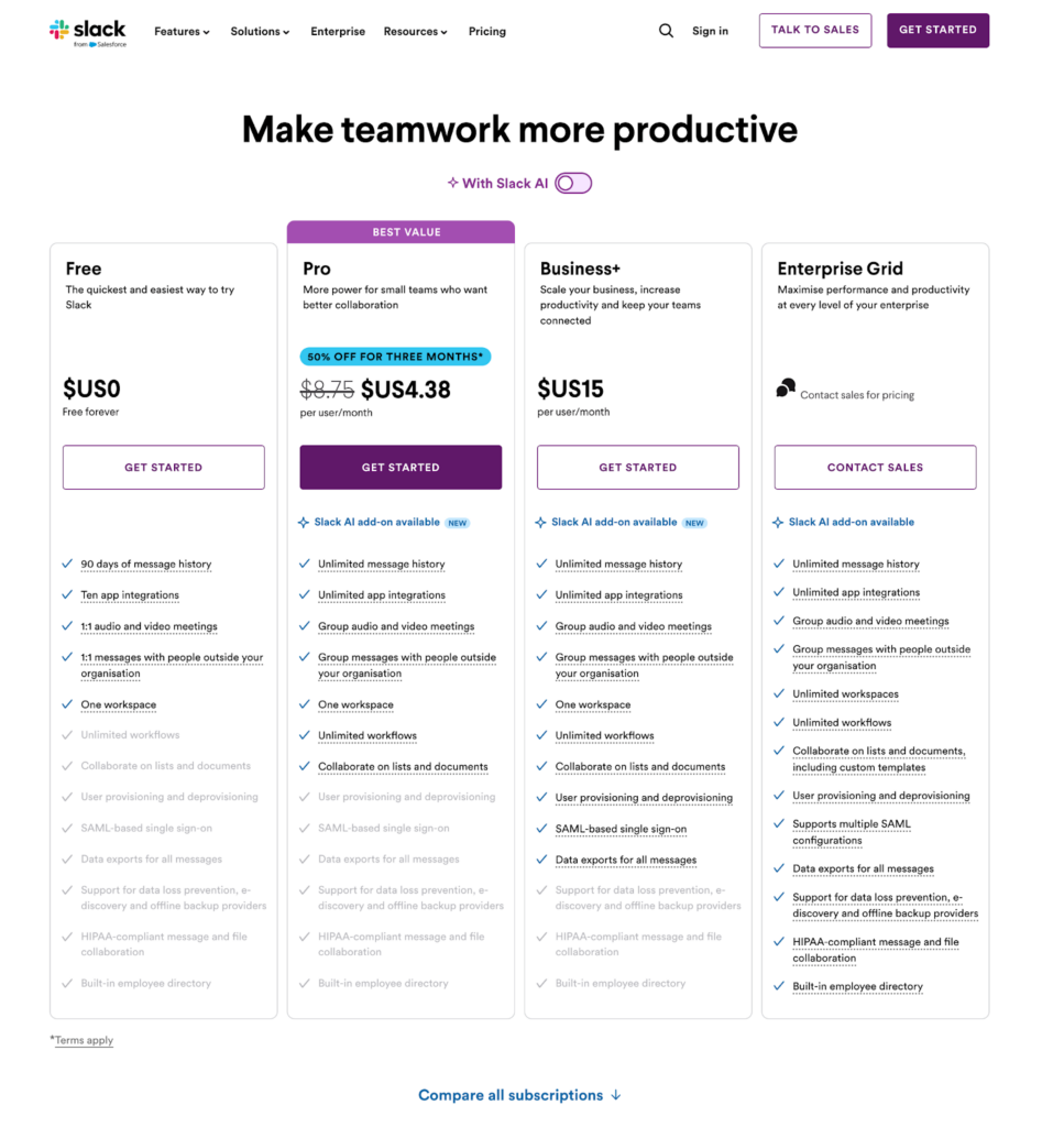 Slack pricing page