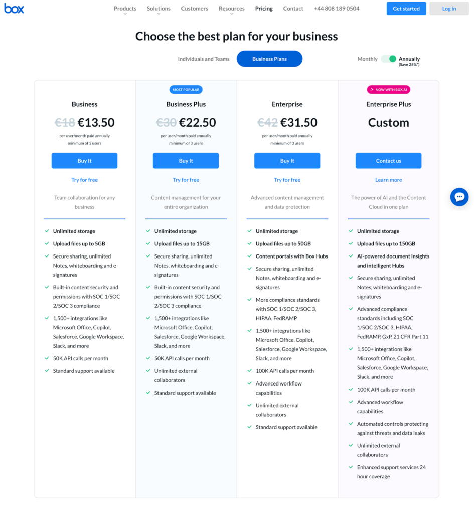 Box pricing page