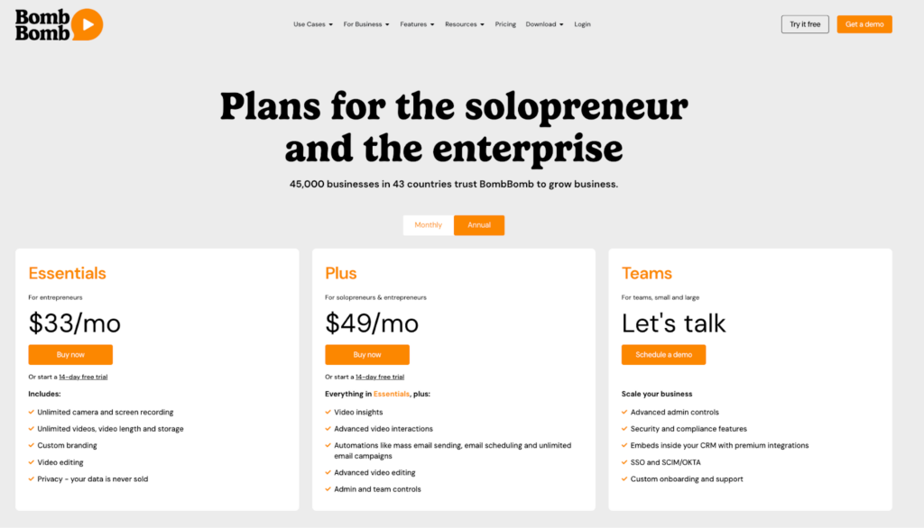 BombBomb pricing page