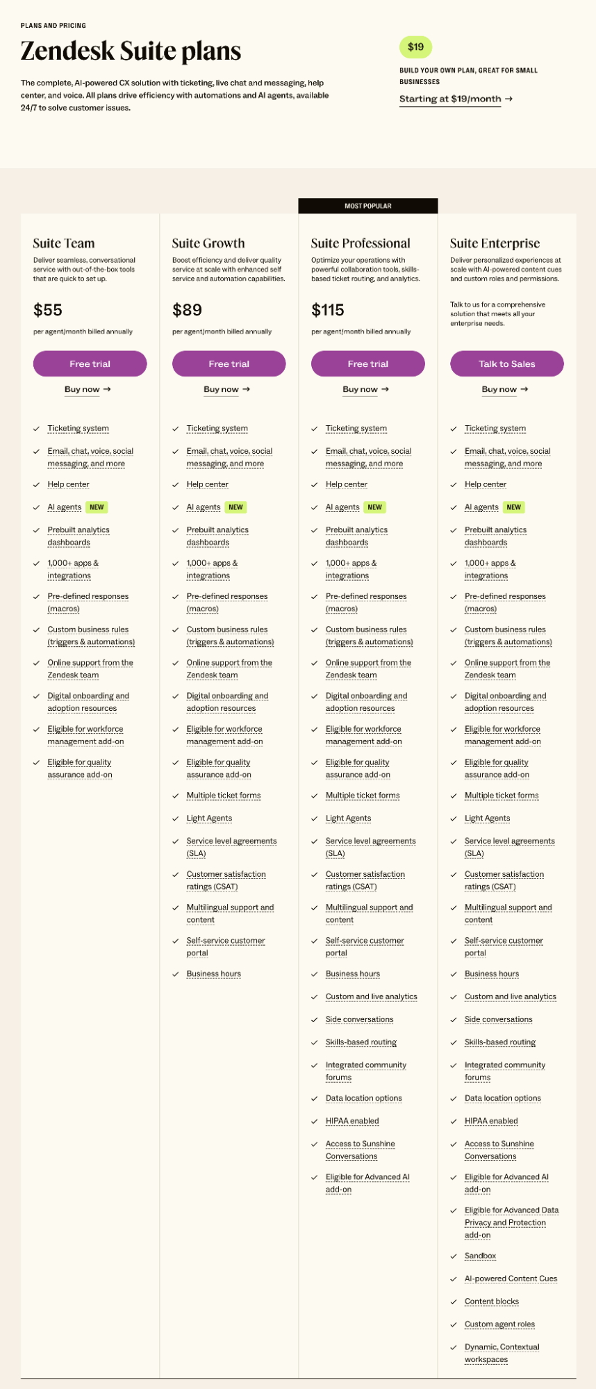 Zendesk pricing page