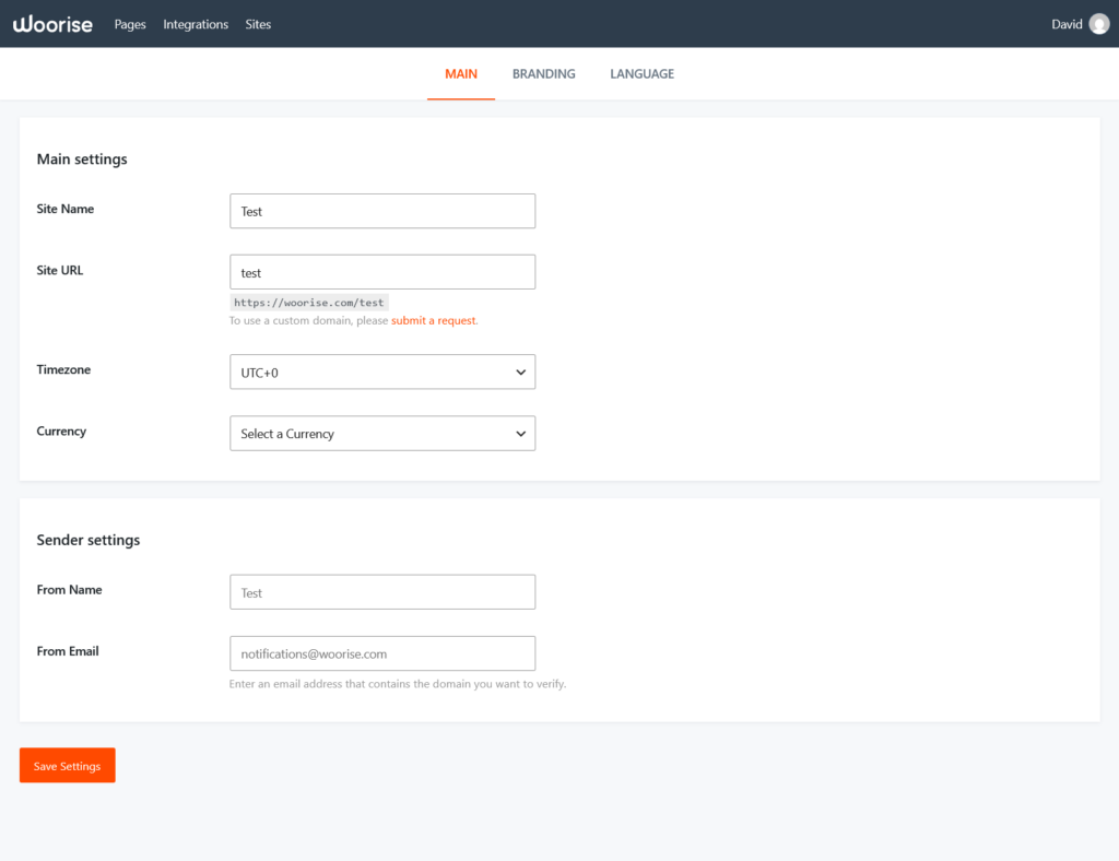 main site settings