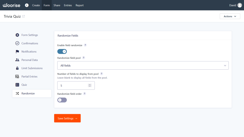 Display a subset of questions from a pool of questions