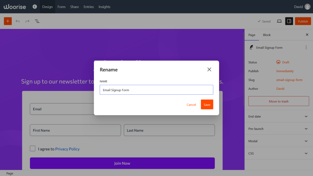Woorise landing page rename