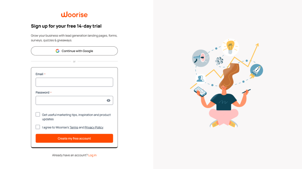 Woorise sign up landing page