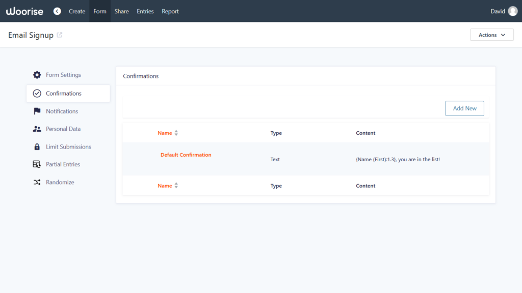 confirmations thank you pages form settings