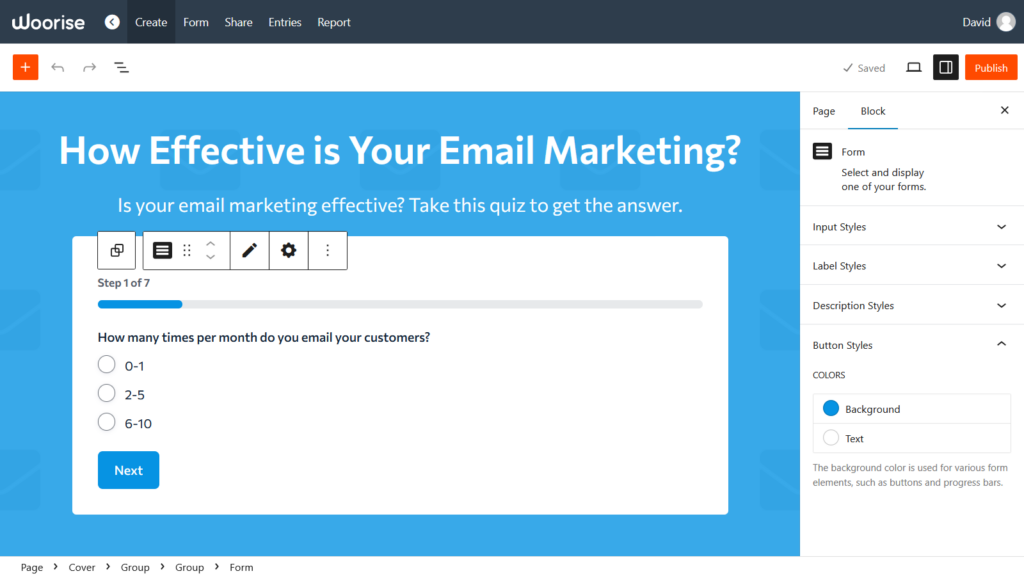 form quiz style options