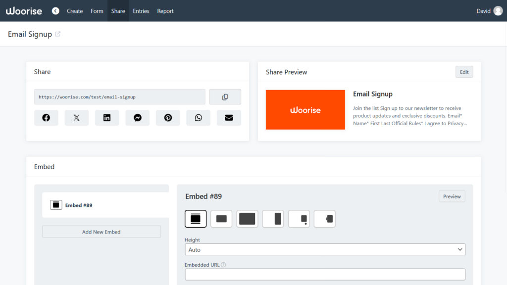 landing page share and embed